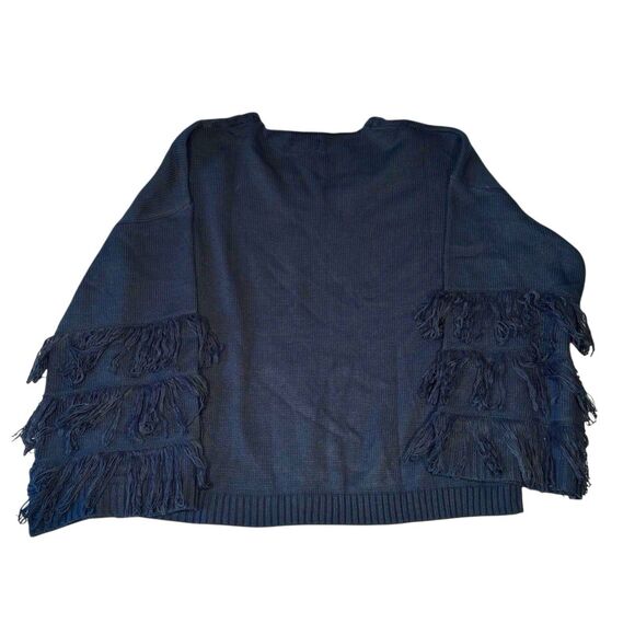 UMGEE Blue Sweater Fringe Bell Sleeves V Neck Boxy Cable Knit - Picture 4 of 9